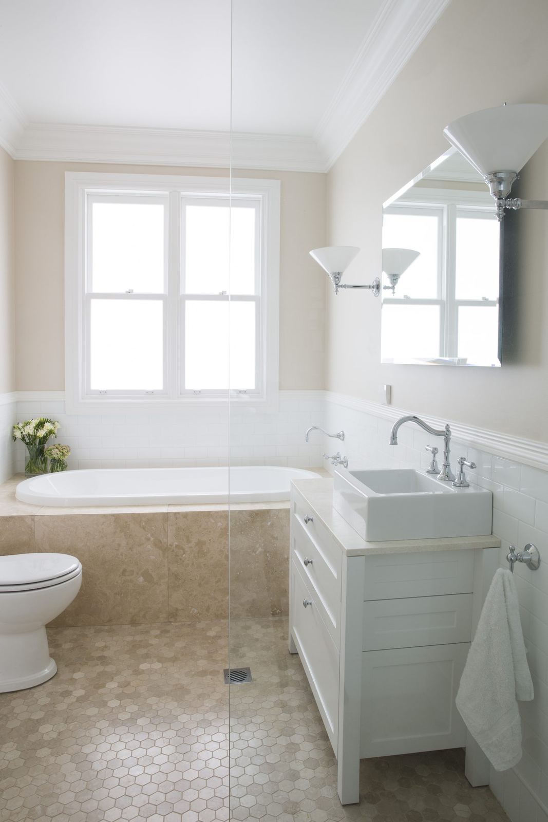 Balgowlah Heights, bathroom with bath, white vanity, window and mosaic-tiled floor, built by HP Constructions with All Australian Architecture