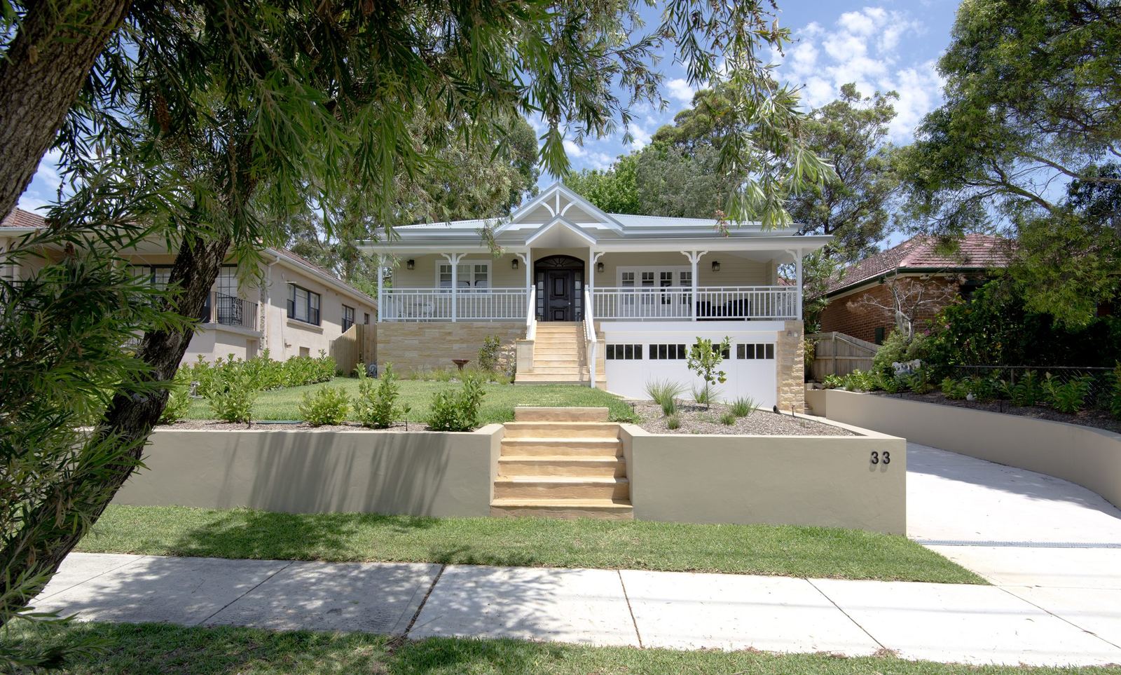 Balgowlah, classic weatherboard two-storey street facade with veranda and front garden, built by HP Constructions with Scope Architects