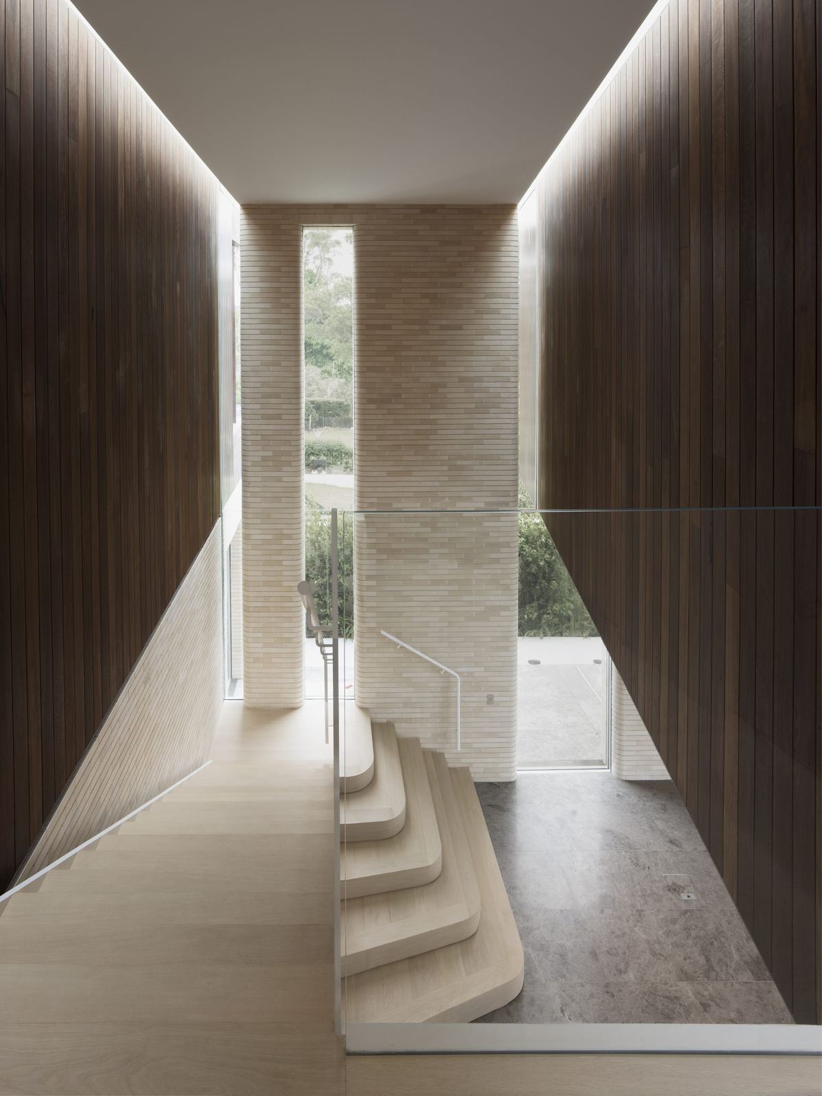 Castlecrag, stone staircase framed by timber walls and column, built by HP Constructions with FJC Studio