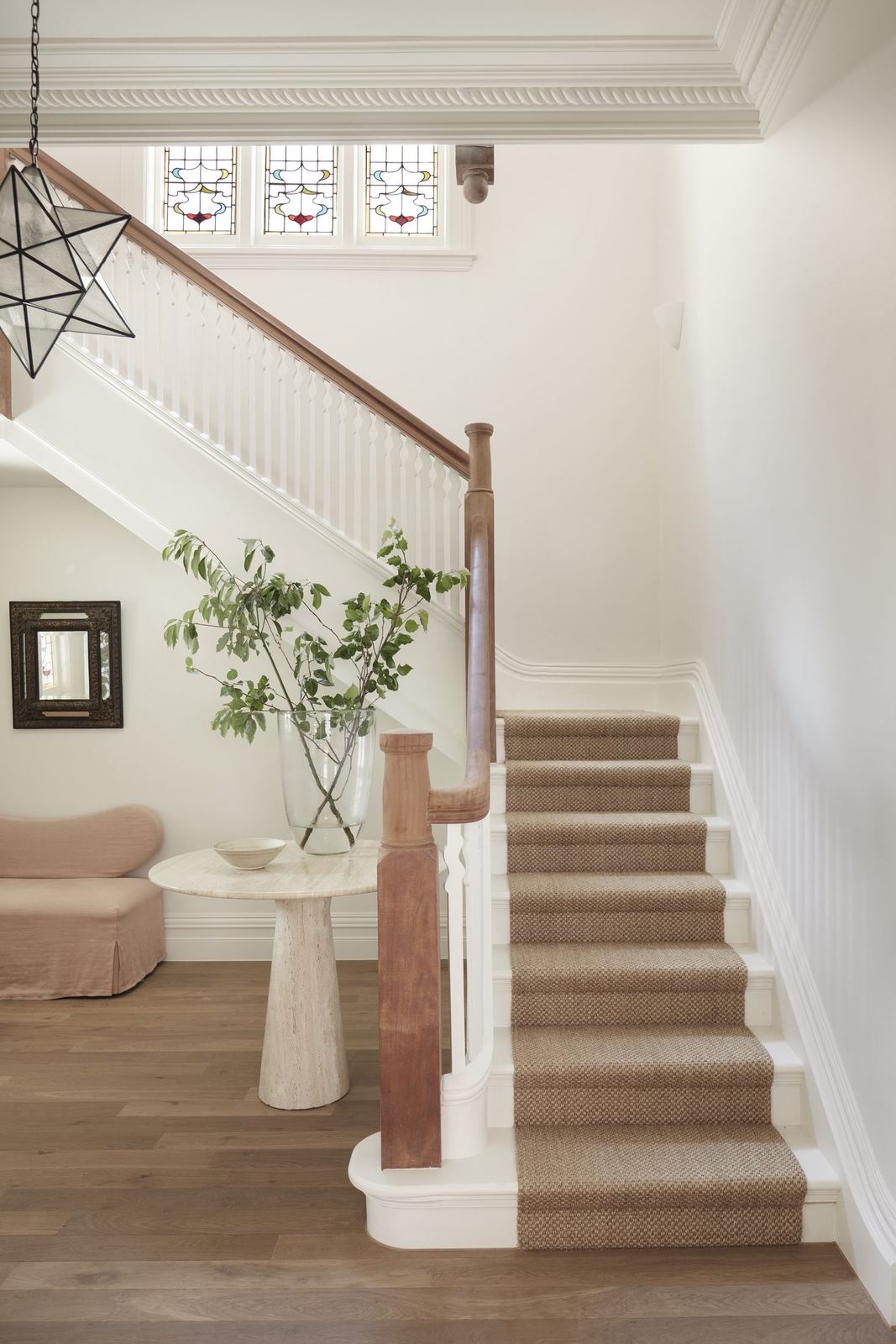 Darling Point, entry hall staircase with carpet runner and star pendant light, built by HP Constructions with Hancock Architects