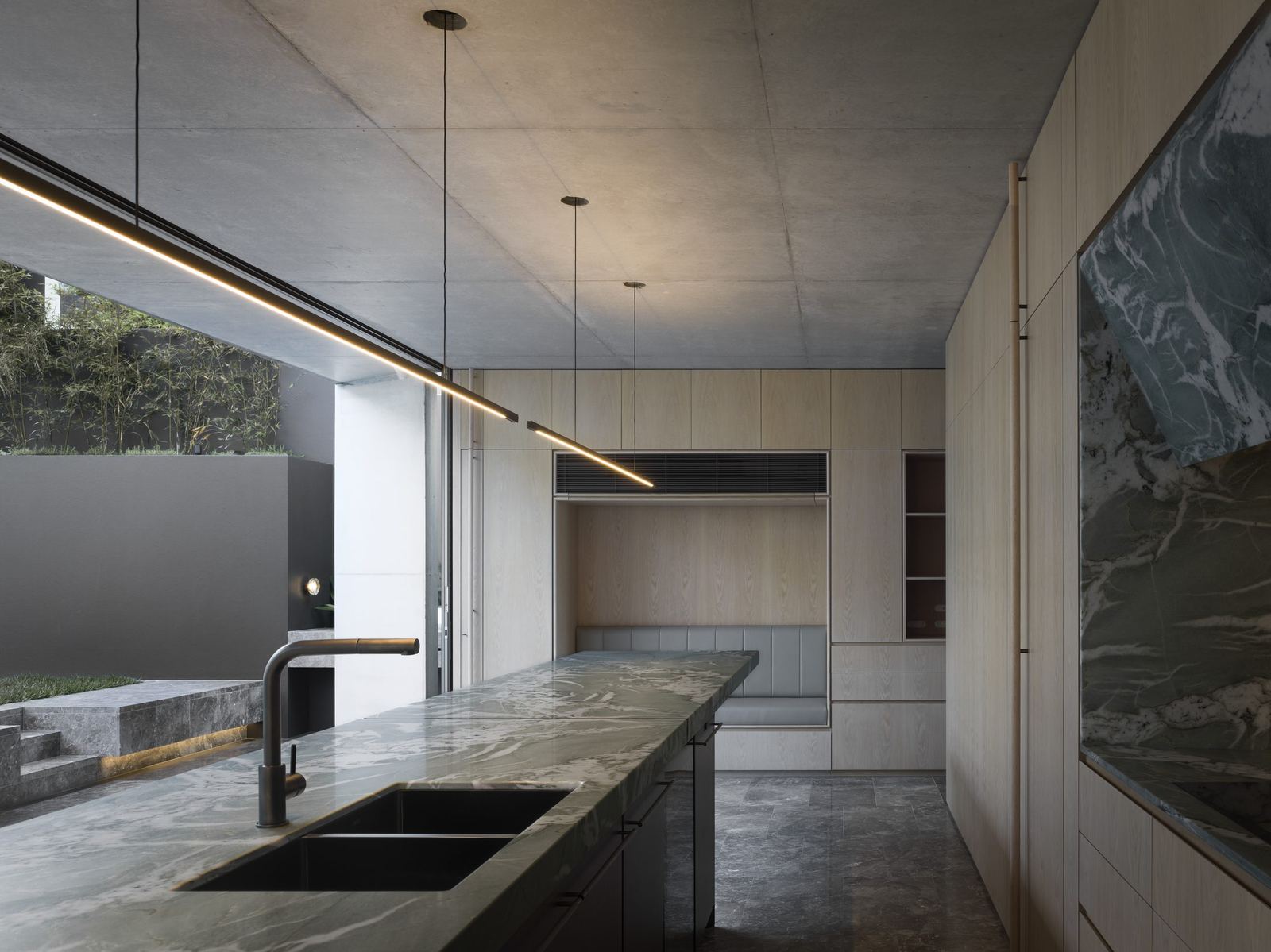 Lurline Bay, kitchen with marble island bench and integrated sink, built by HP Constructions with FJC Studio