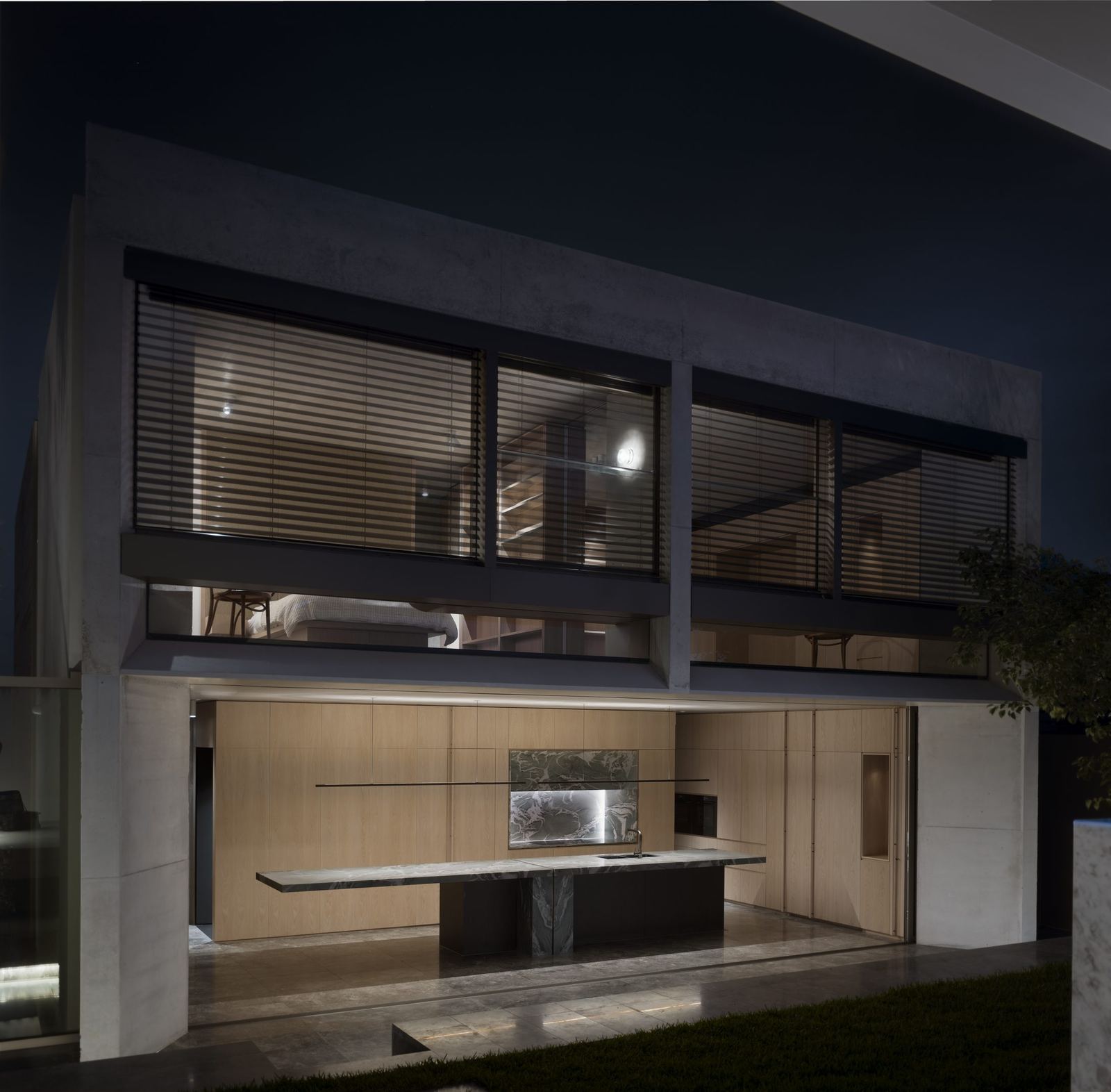 Lurline Bay, the two coastal pavilions at dusk, built by HP Constructions with FJC Studio