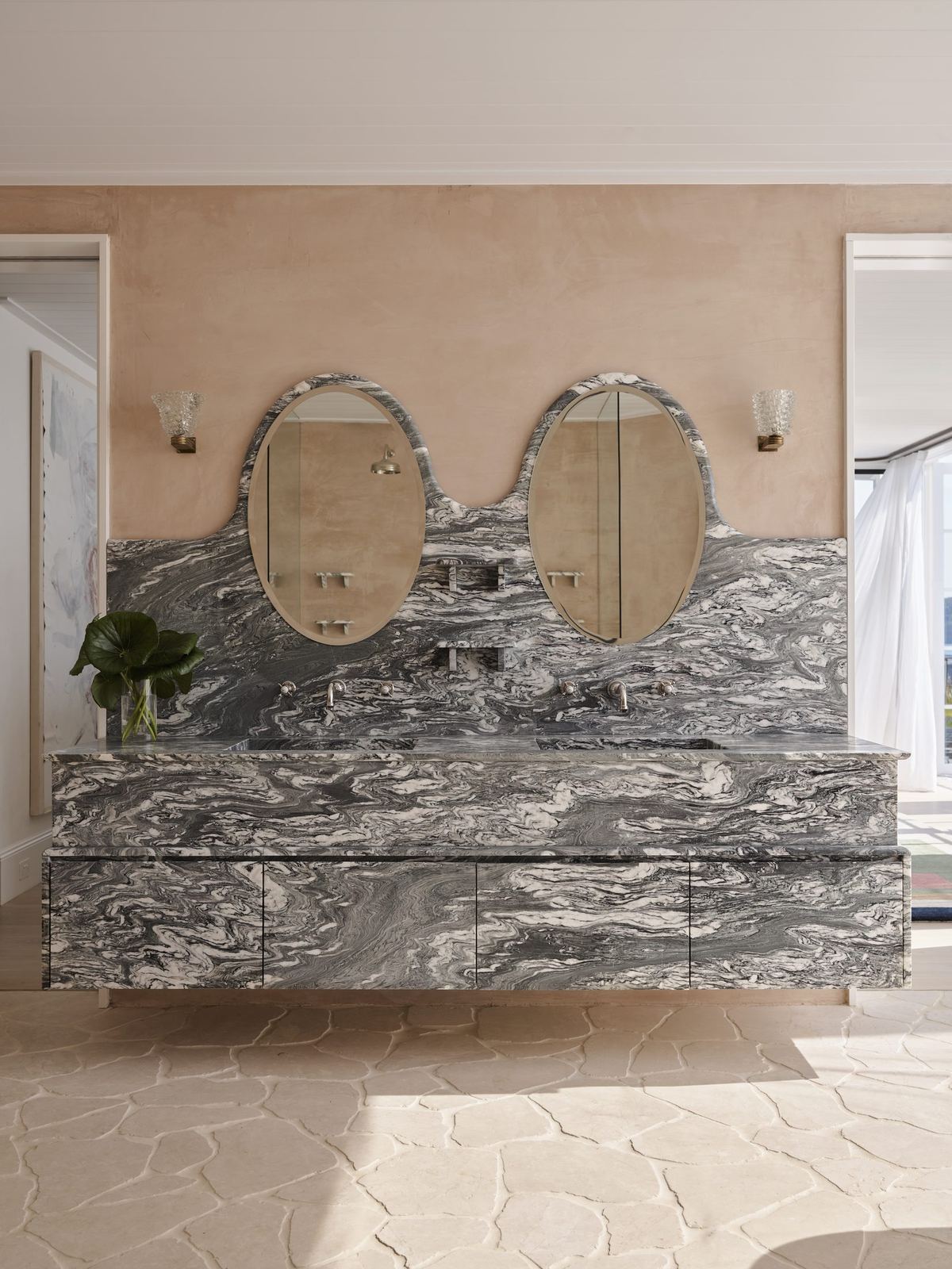 Vaucluse, bathroom vanity in grey marble with twin oval mirrors and sconces, built by HP Constructions with Alexander & Co