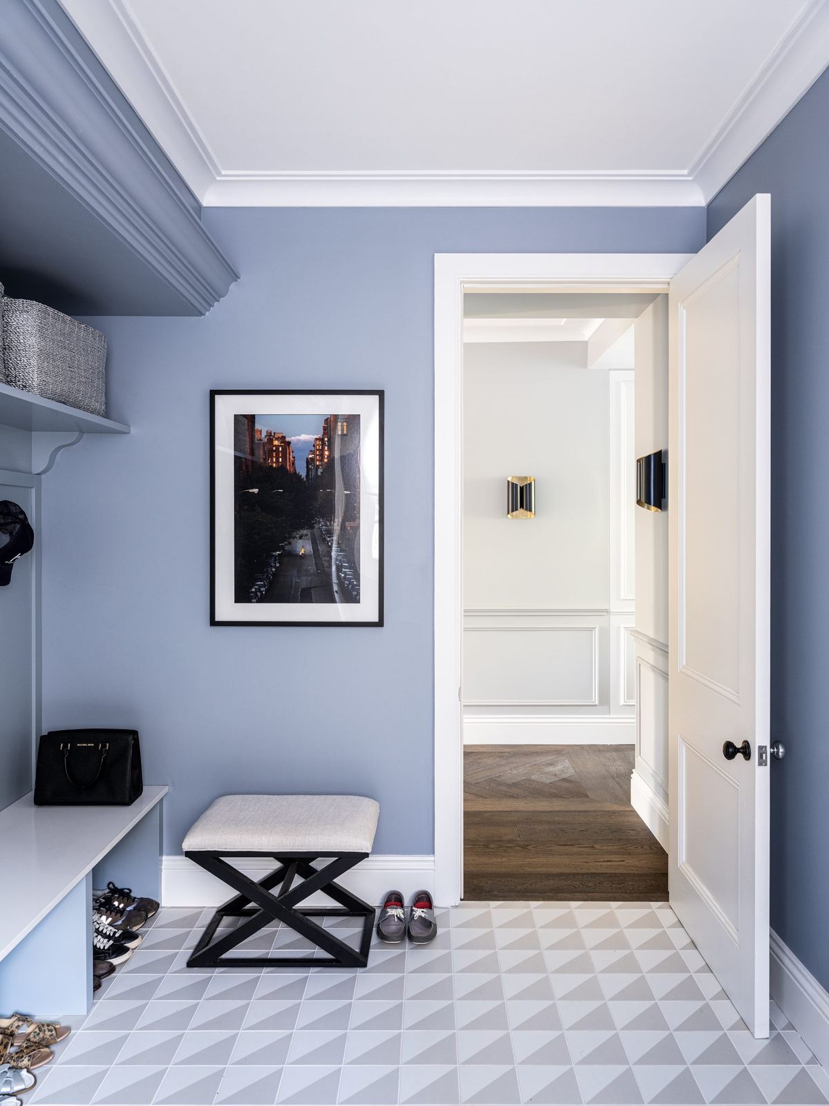 Willoughby, child's room with blue walls, geometric tiled floor and bench, built by HP Constructions with Alexander & Co