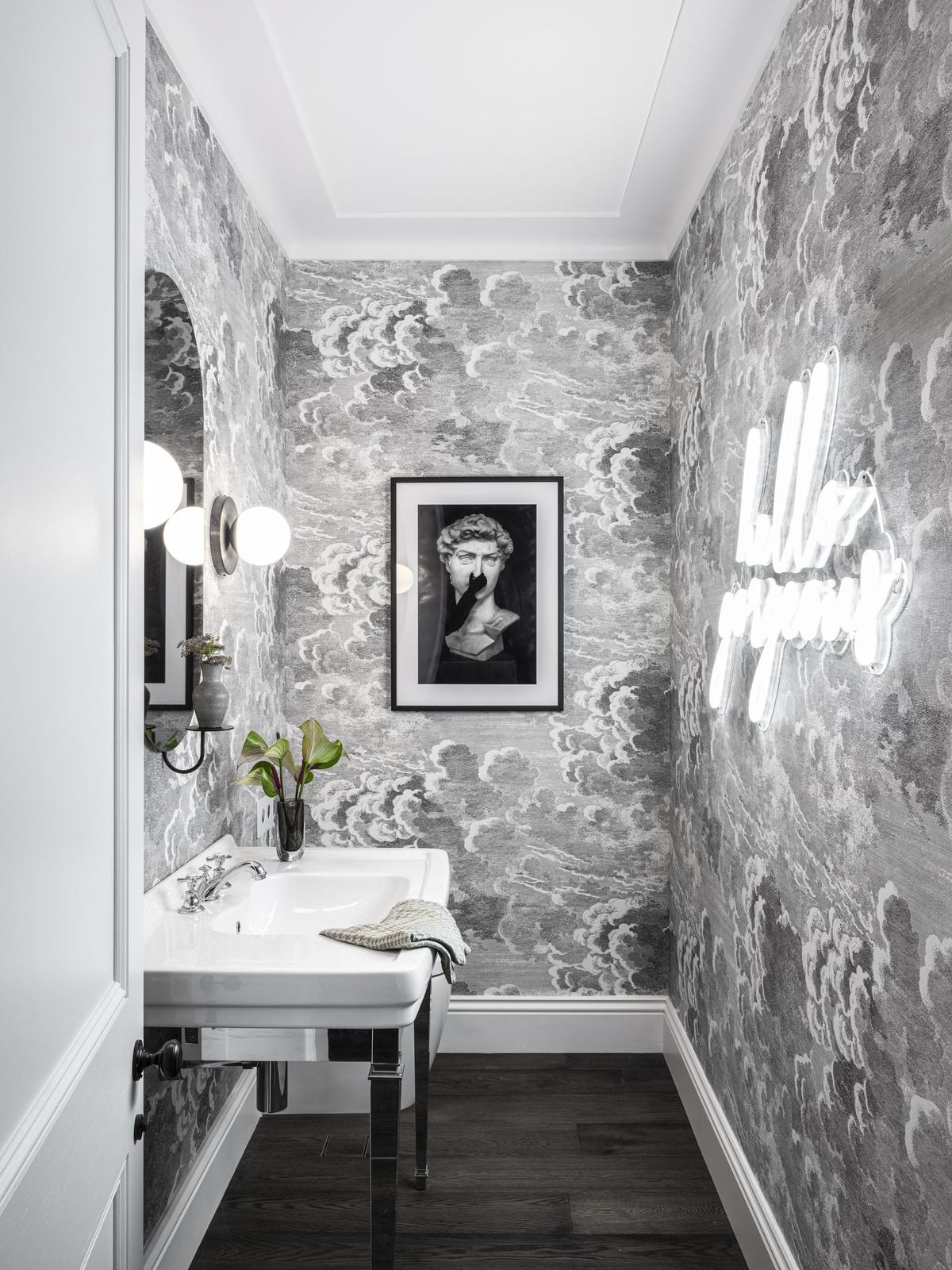 Willoughby, powder room with botanical wallpaper and wall-mounted basin, built by HP Constructions with Alexander & Co